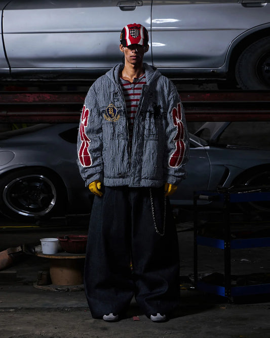 Peoplesense Hooded Plaid Texture Racer Jacket