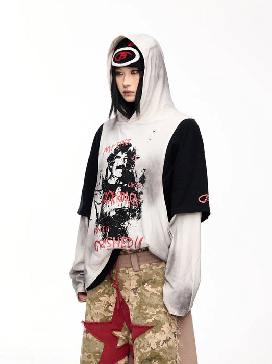 Peoplesense Dirty Dyed Fake Two Piece Hooded Shirt