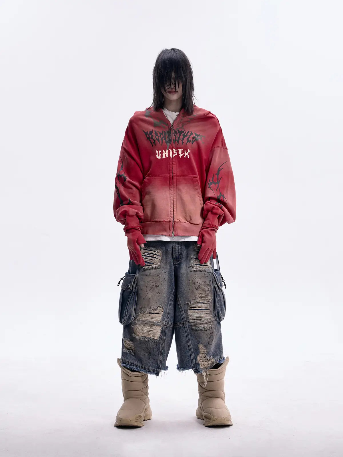 Peoplesense Ripped Full Zip Face Mask Hoodie(Black and Red)