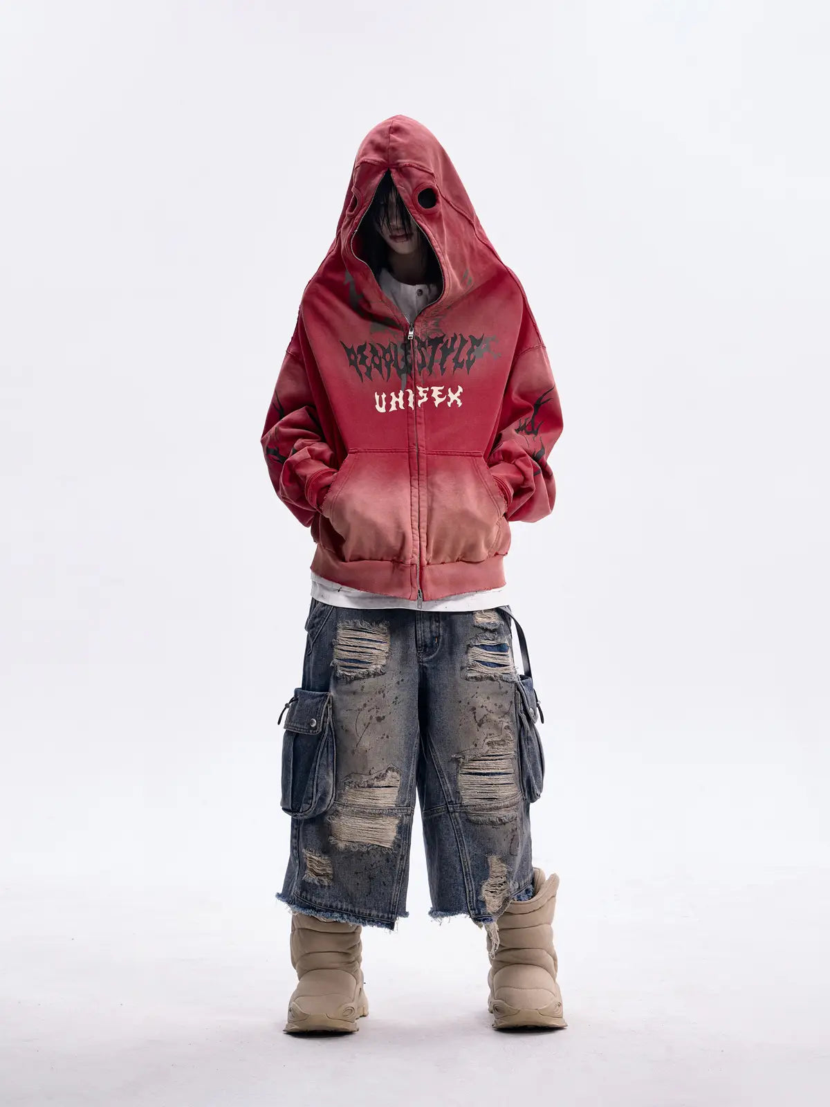 Peoplesense Ripped Full Zip Face Mask Hoodie(Black and Red)