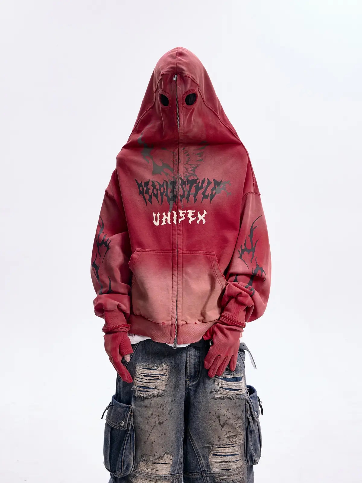 Peoplesense Ripped Full Zip Face Mask Hoodie(Black and Red)