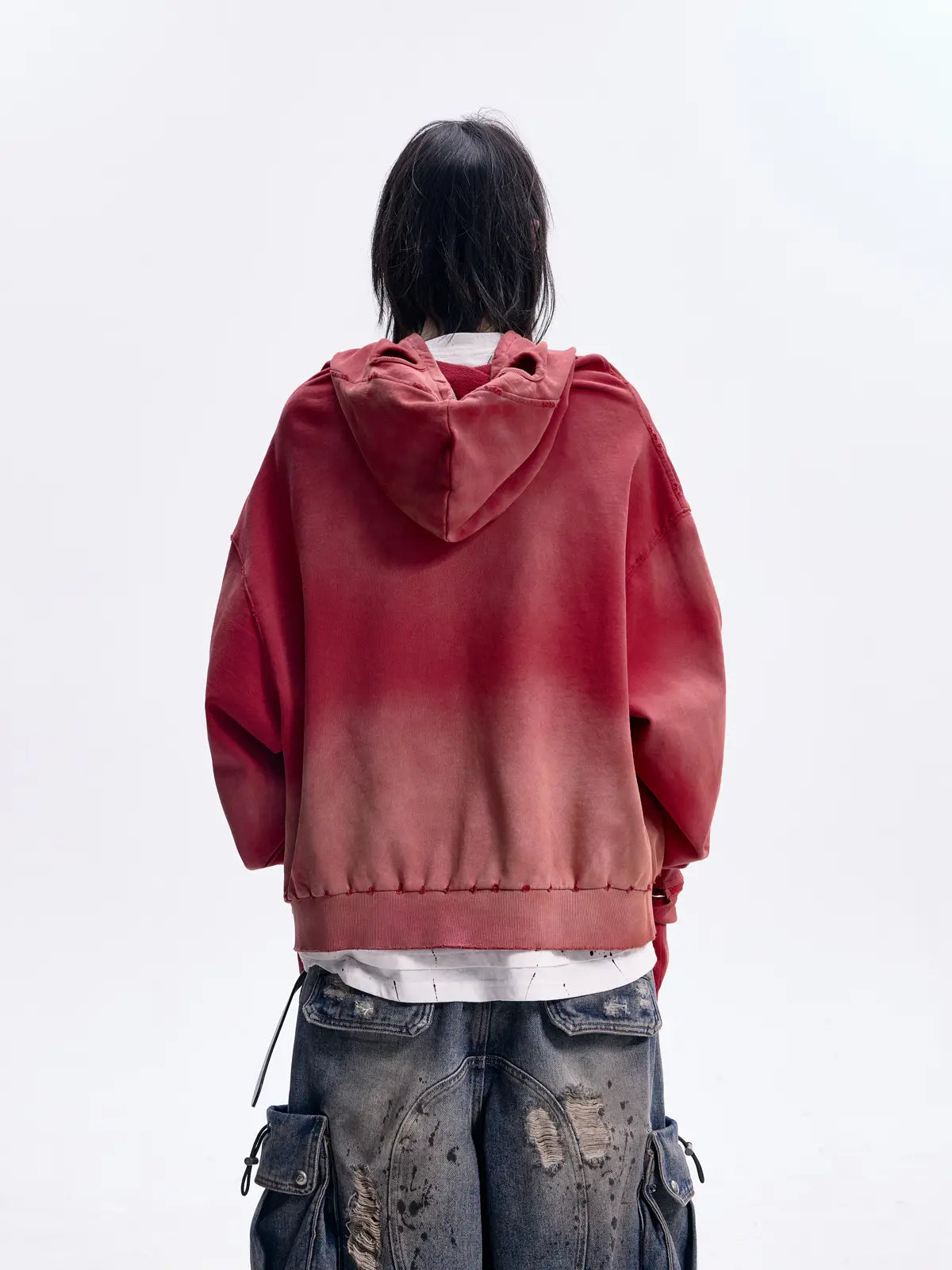 Peoplesense Ripped Full Zip Face Mask Hoodie(Black and Red)