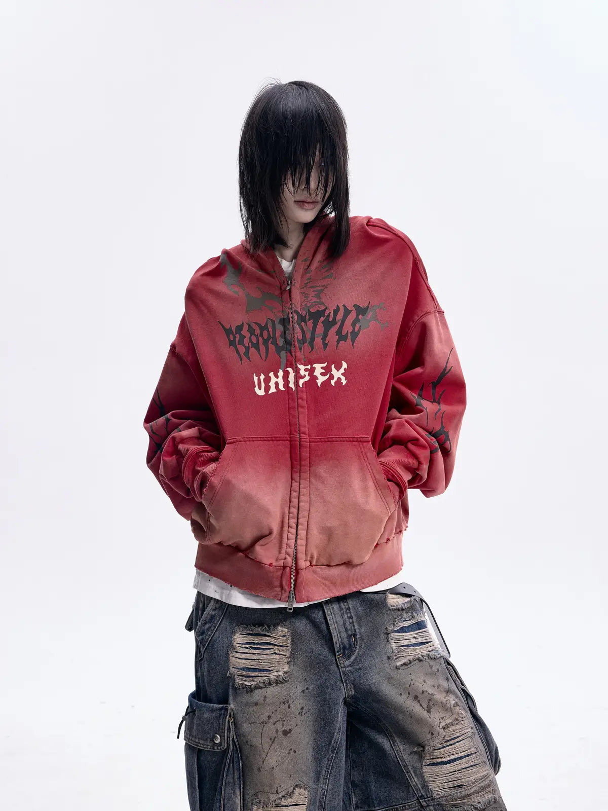 Peoplesense Ripped Full Zip Face Mask Hoodie(Black and Red)