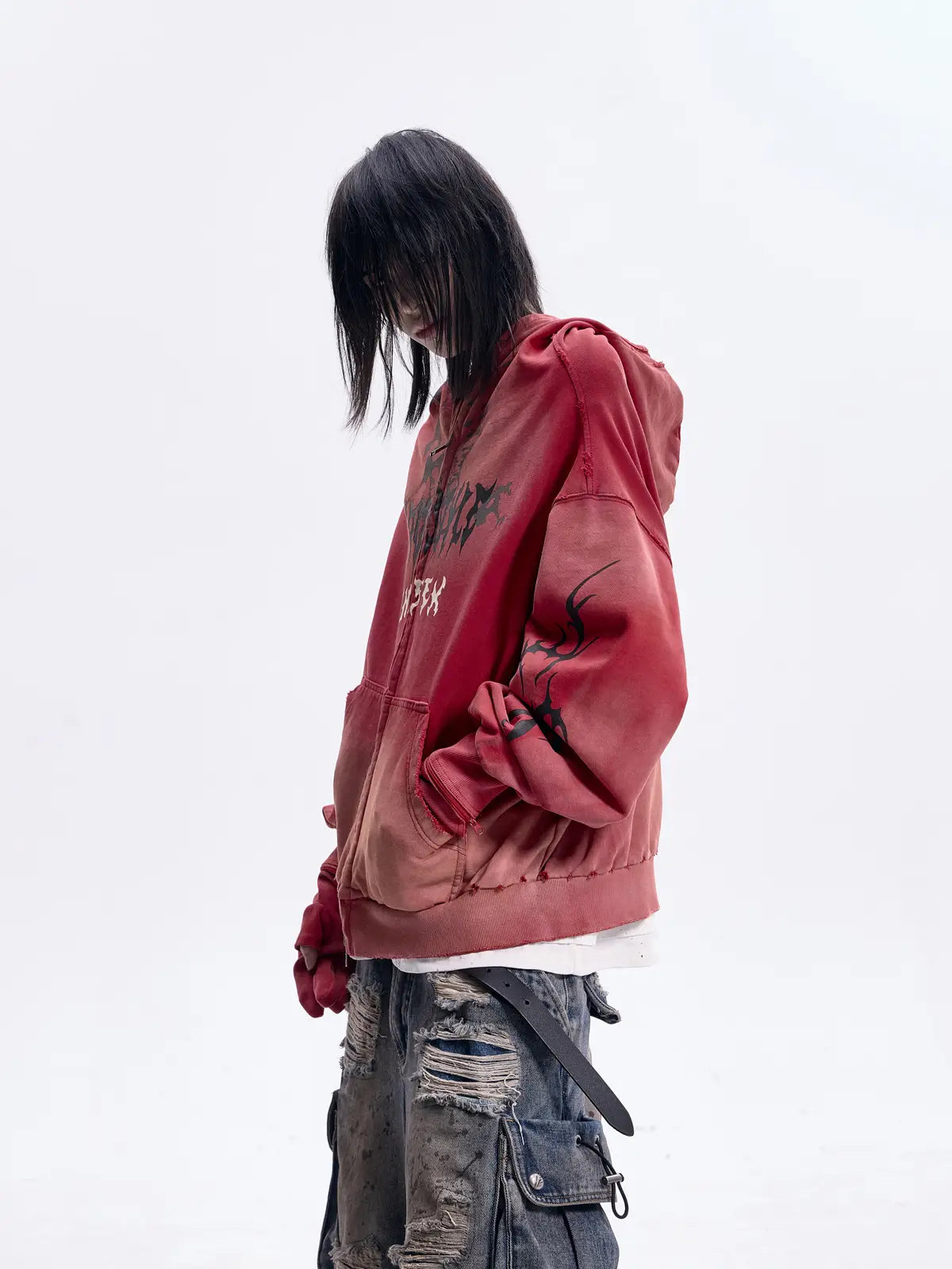 Peoplesense Ripped Full Zip Face Mask Hoodie(Black and Red)