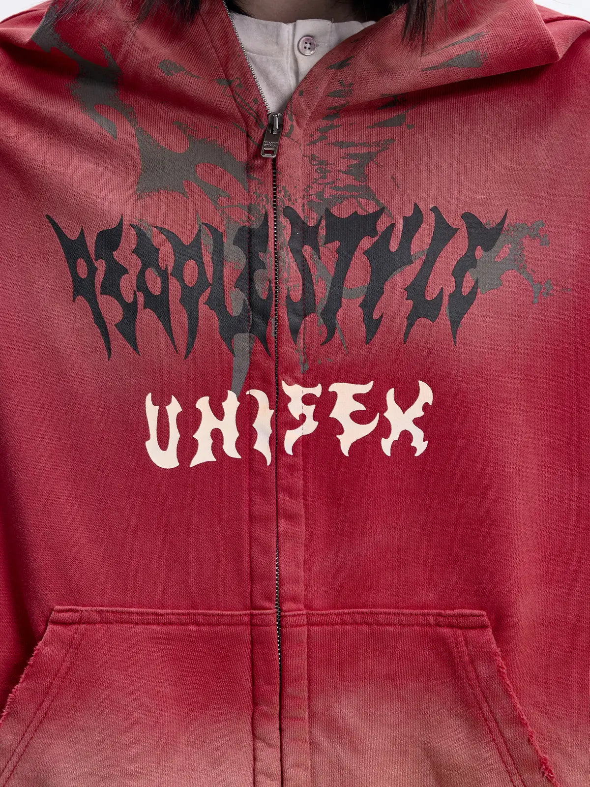Peoplesense Ripped Full Zip Face Mask Hoodie(Black and Red)