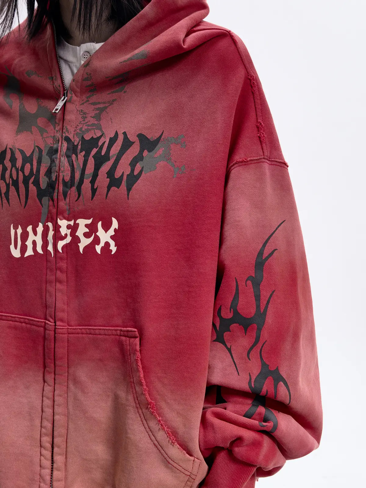Peoplesense Ripped Full Zip Face Mask Hoodie(Black and Red)