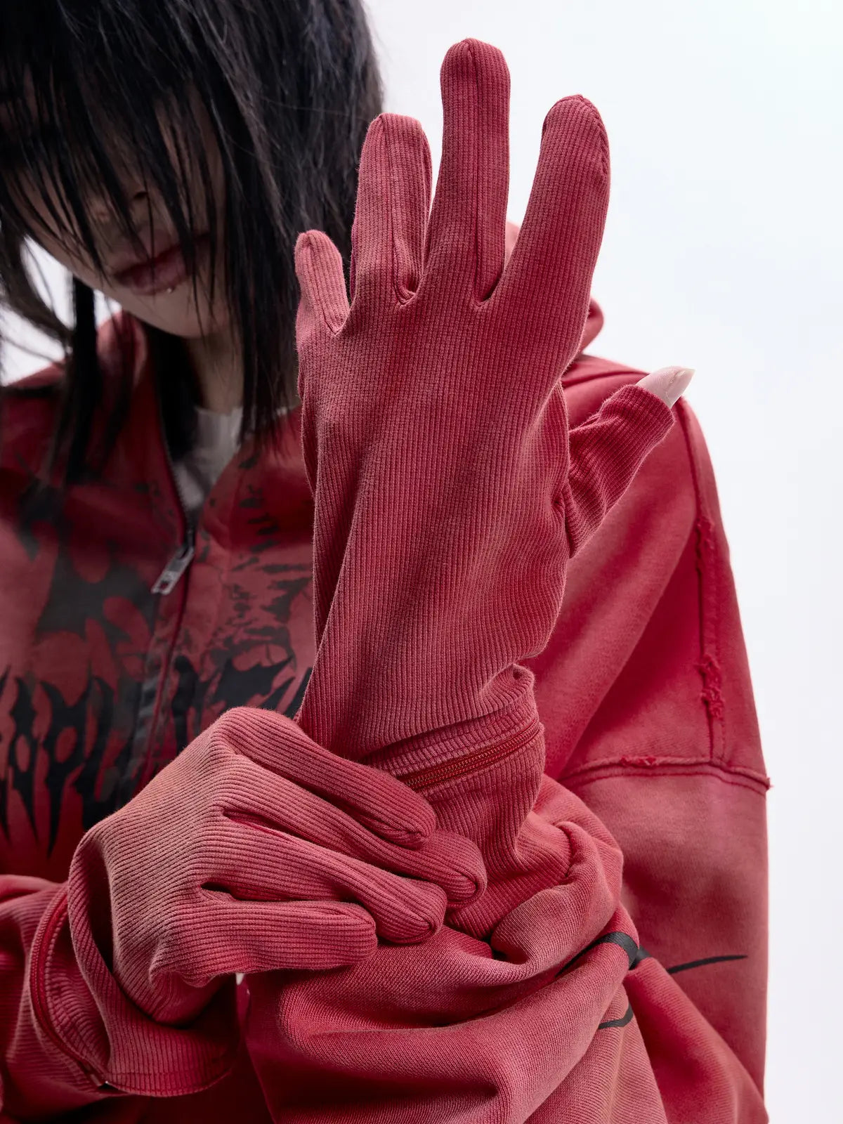 Peoplesense Ripped Full Zip Face Mask Hoodie(Black and Red)