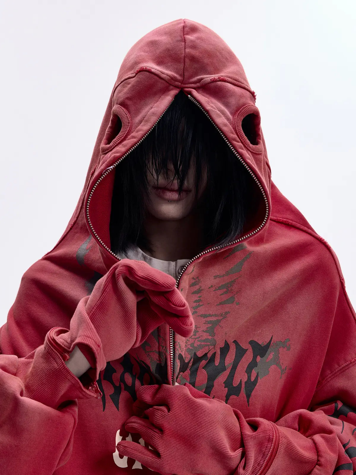 Peoplesense Ripped Full Zip Face Mask Hoodie(Black and Red)