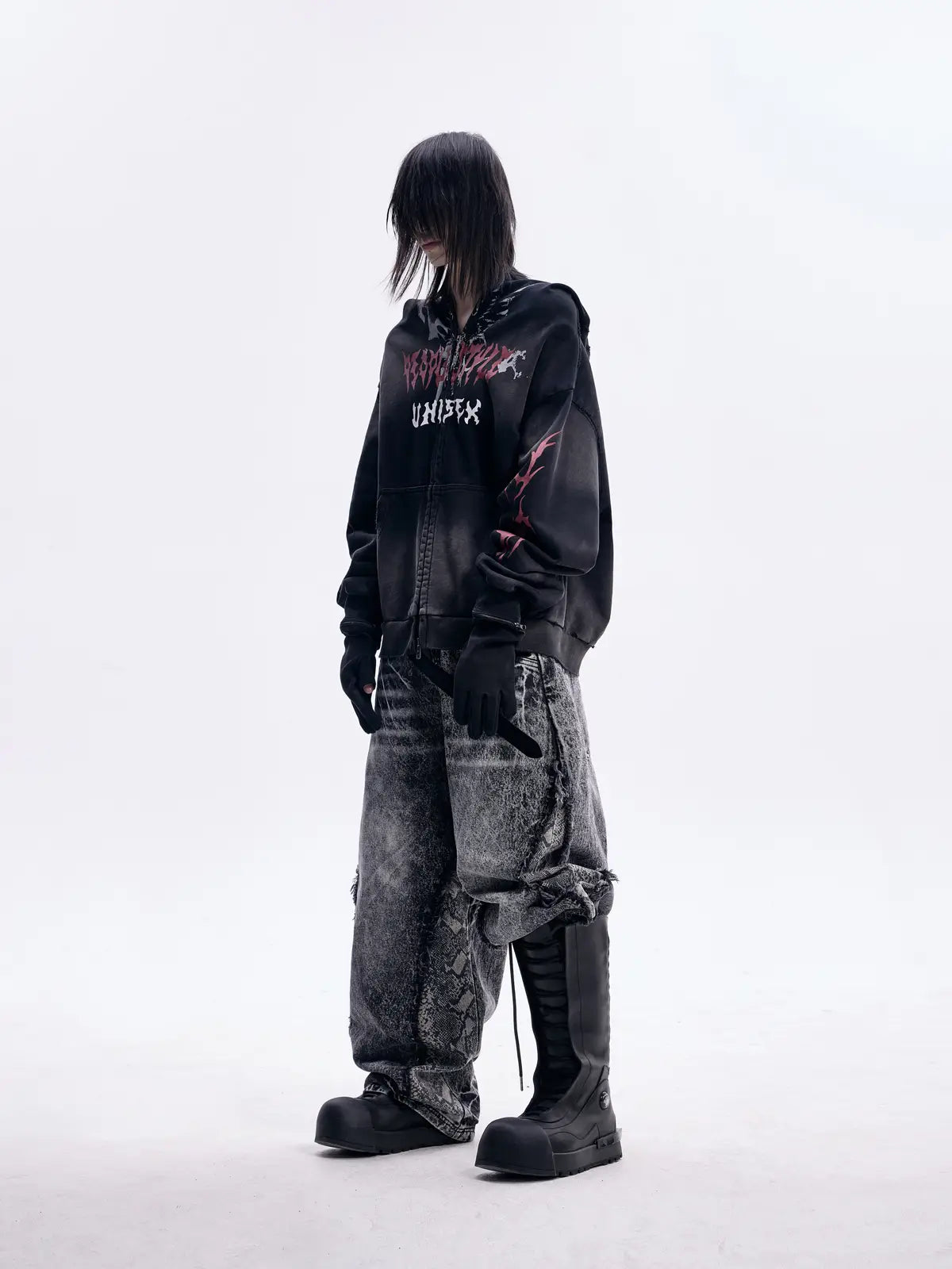 Peoplesense Ripped Full Zip Face Mask Hoodie(Black and Red)