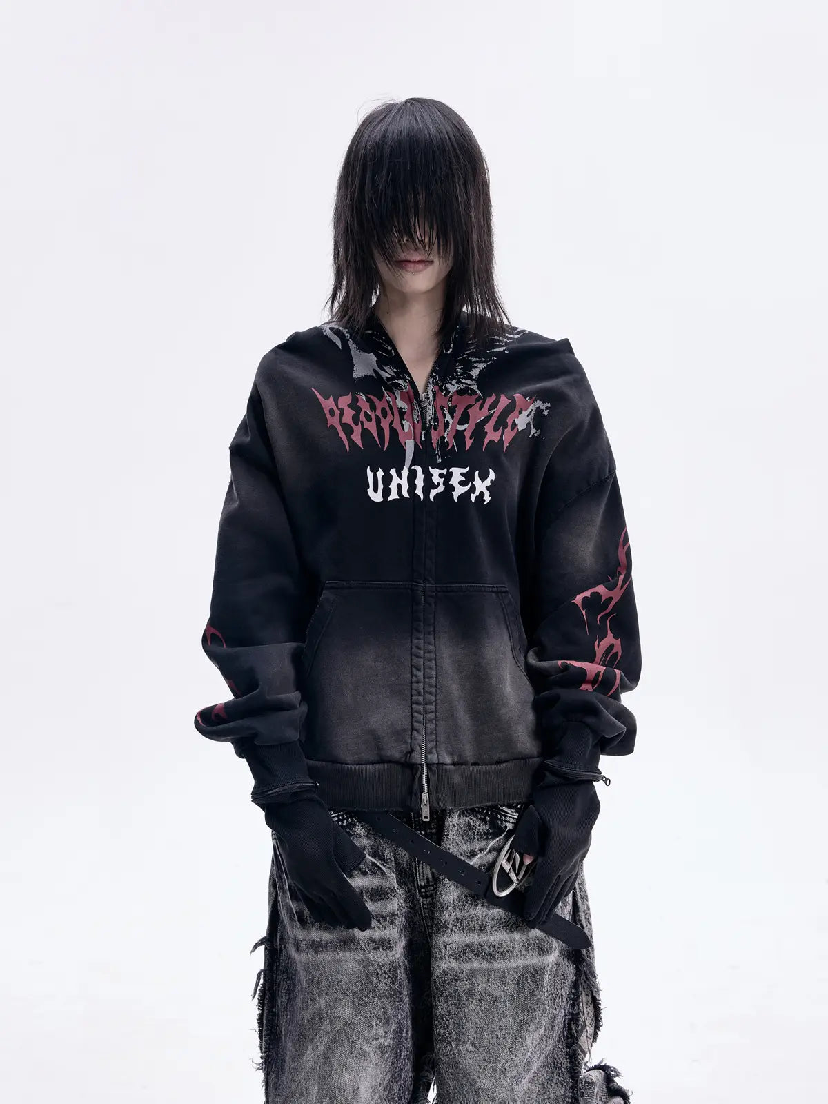 Peoplesense Ripped Full Zip Face Mask Hoodie(Black and Red)