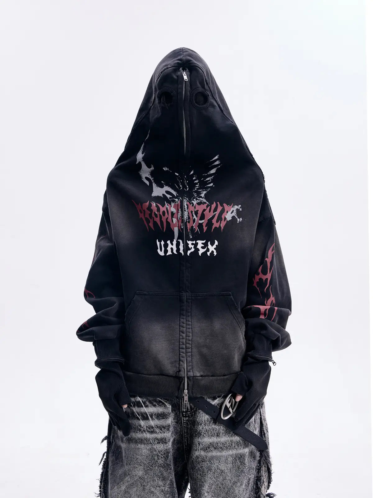 Peoplesense Ripped Full Zip Face Mask Hoodie(Black and Red)