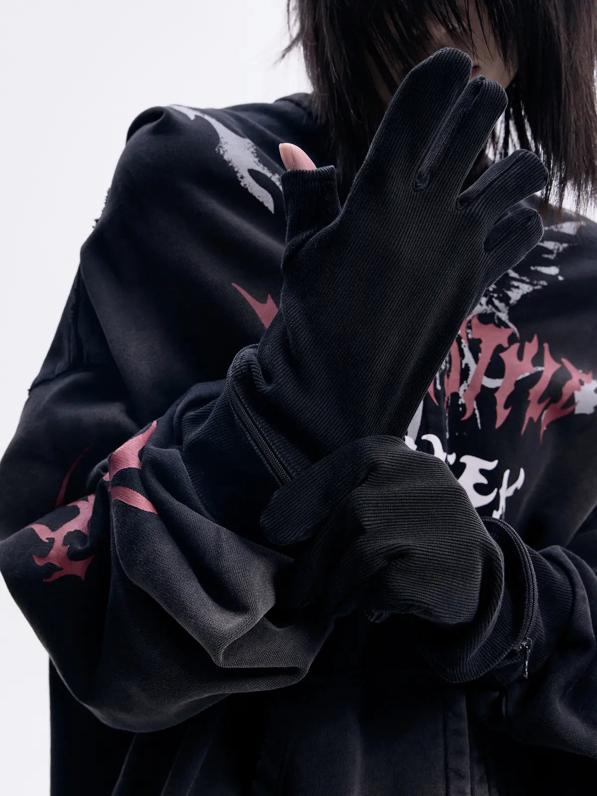 Peoplesense Ripped Full Zip Face Mask Hoodie(Black and Red)