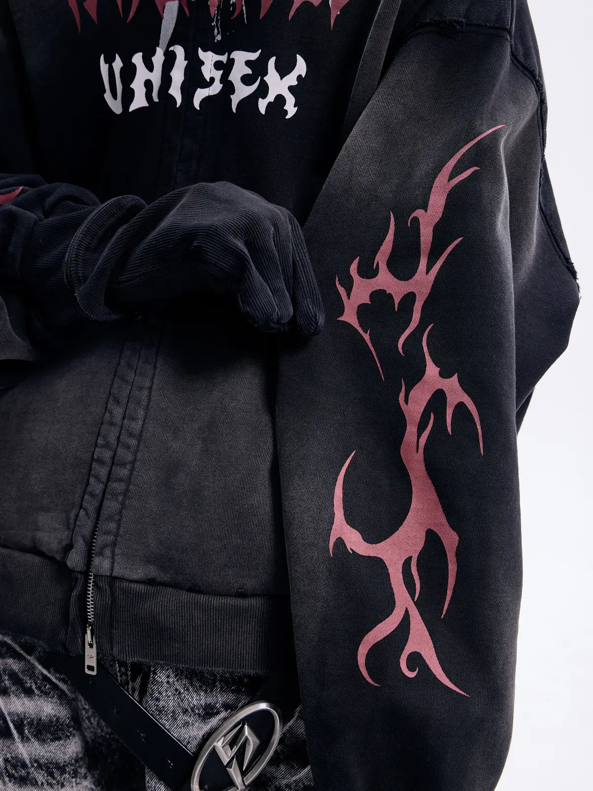Peoplesense Ripped Full Zip Face Mask Hoodie(Black and Red)