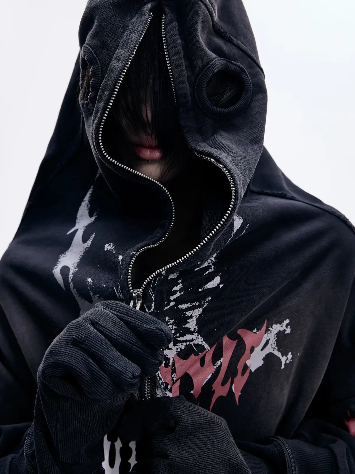 Peoplesense Ripped Full Zip Face Mask Hoodie(Black and Red)
