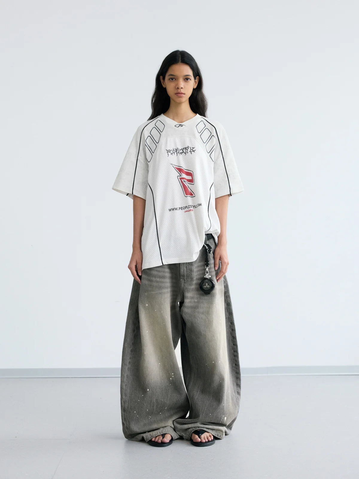 Peoplesense Vintage Ink-Splatter Grey Wide-Leg Jeans
