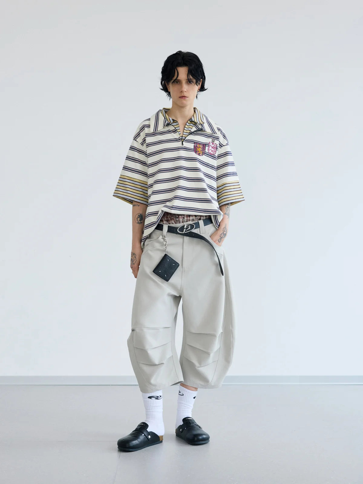 Peoplesense Layered Collar Zip Stripe Polo Shirt