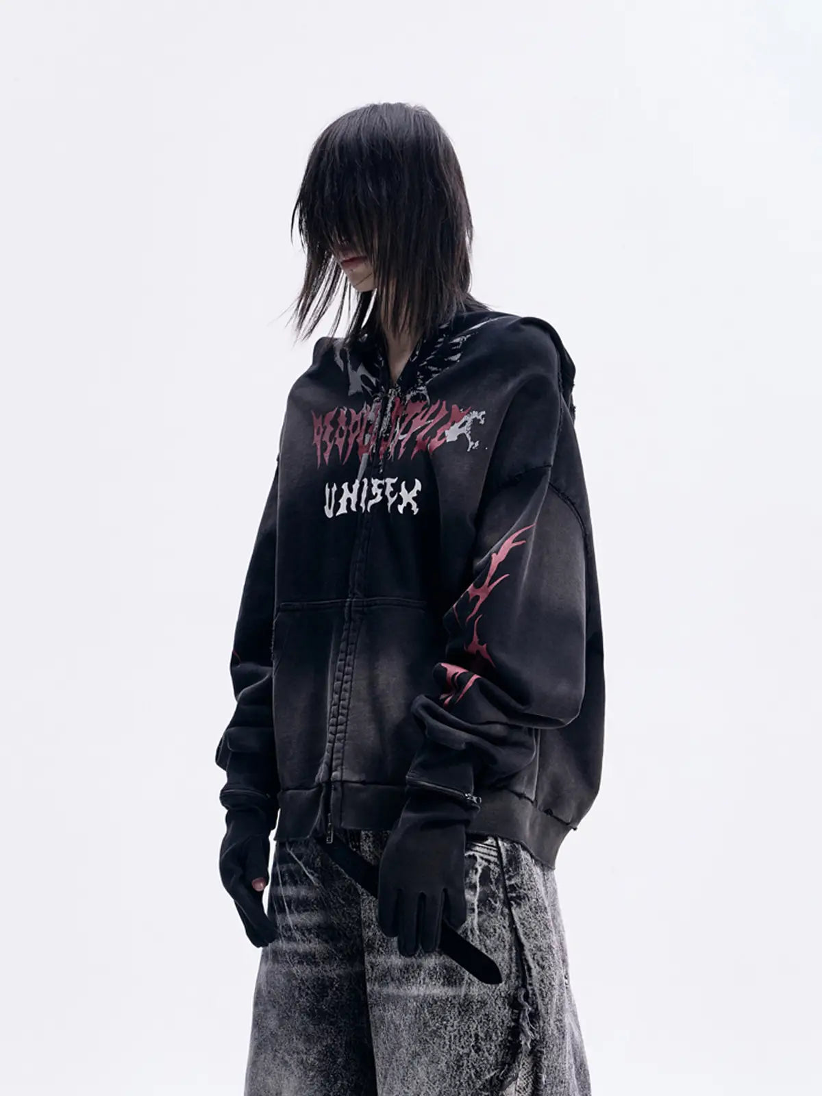 Peoplesense Ripped Full Zip Face Mask Hoodie(Black and Red)