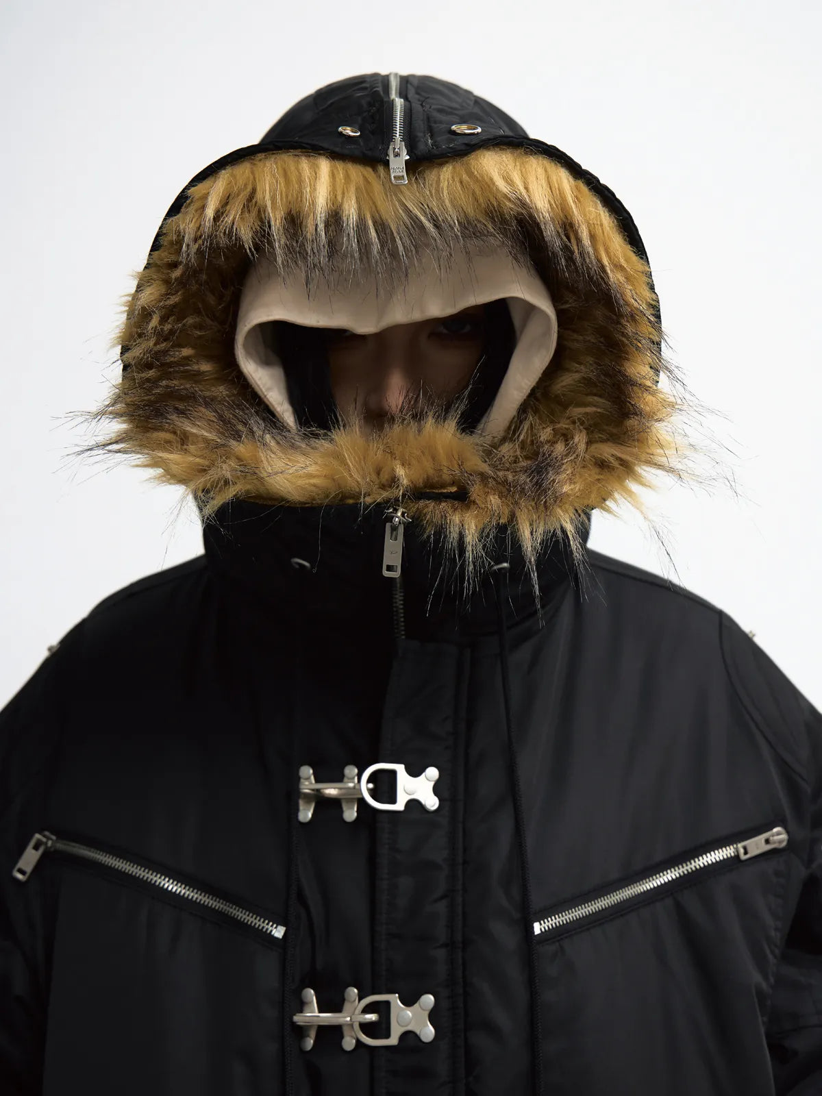 Peoplesense Short Flight Jacket with Fur Hood Black