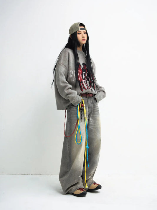 Peoplesense Grey Casual Printed Pullover Sweater