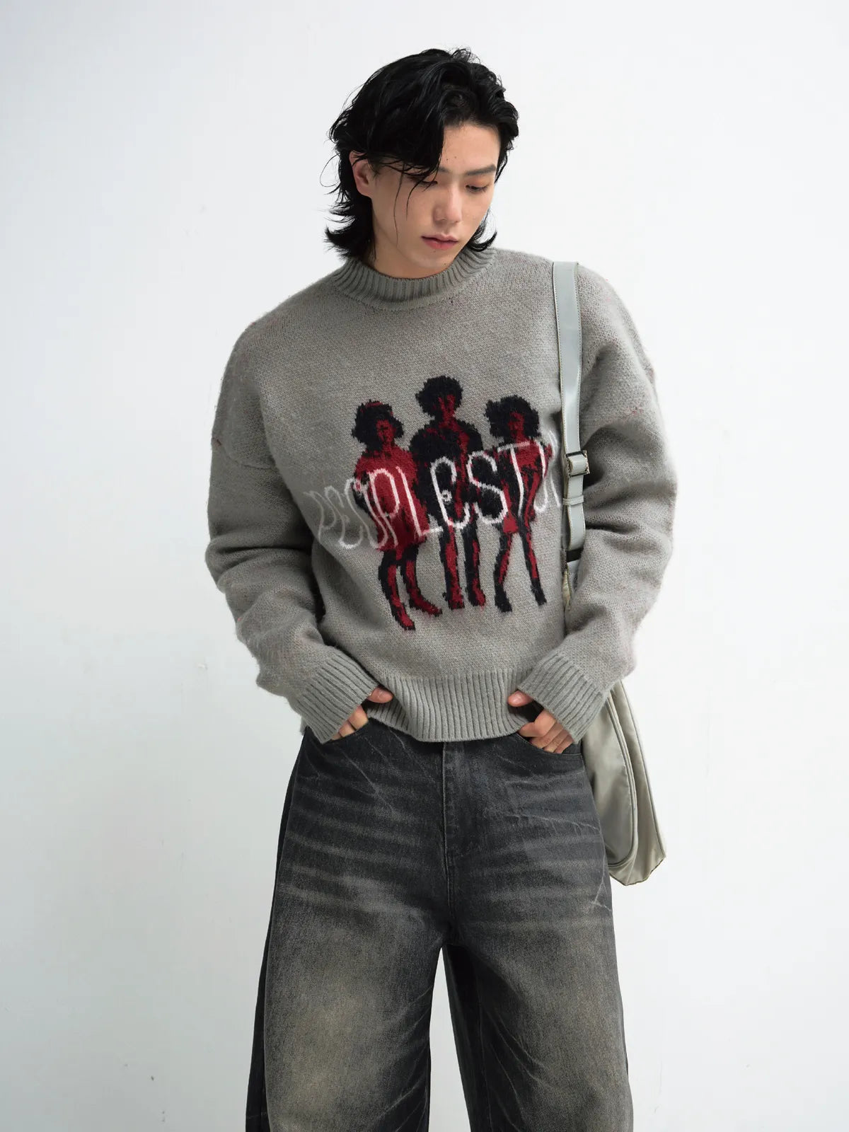Peoplesense Grey Casual Printed Pullover Sweater