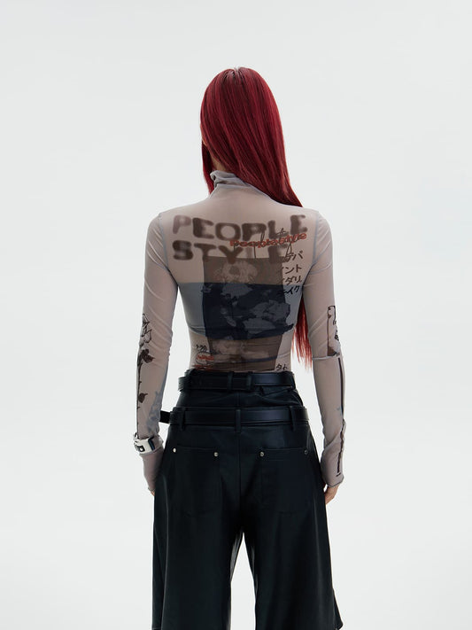 Peoplesense Printed Sheer Skin Turtleneck Top