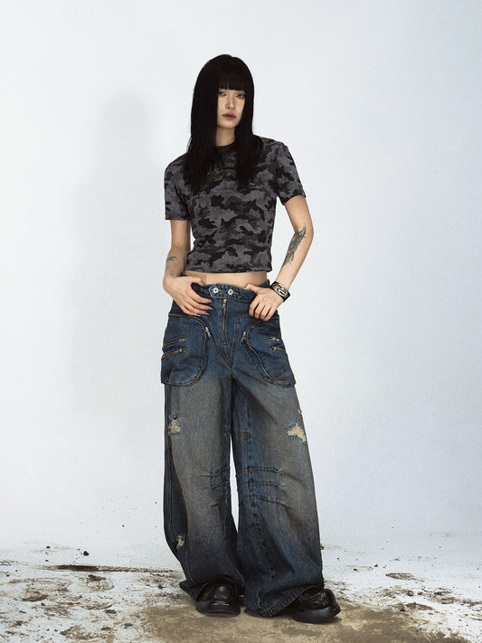 Vintage-Inspired Baggy Cargo Denim Jeans