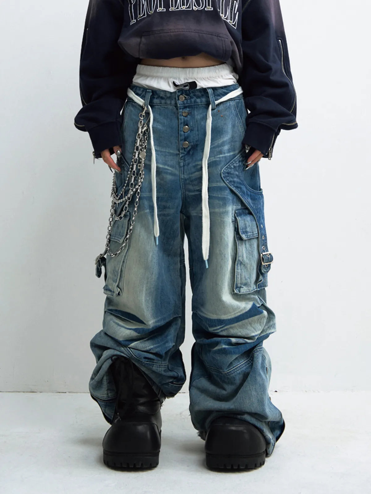 Peoplesense Vintage Wash Pleated Wide Leg Jeans