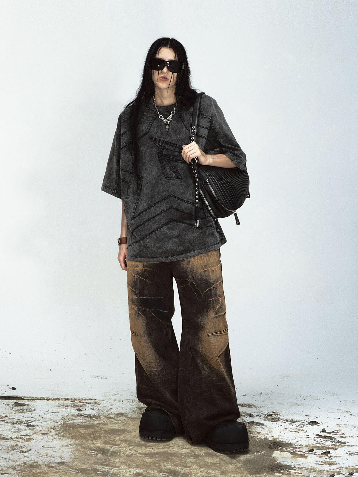 Peoplesense Mud-Dyed Lightning Cracked Wide-Leg Jeans