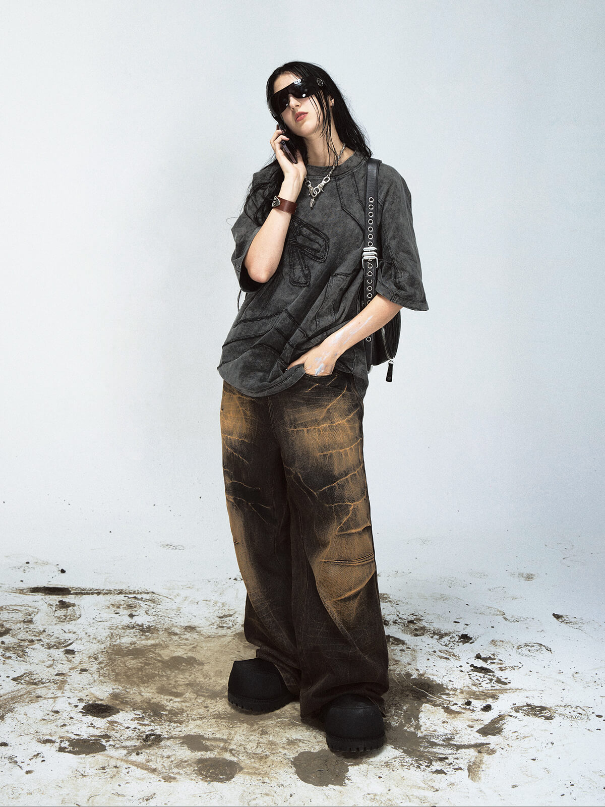 Peoplesense Mud-Dyed Lightning Cracked Wide-Leg Jeans