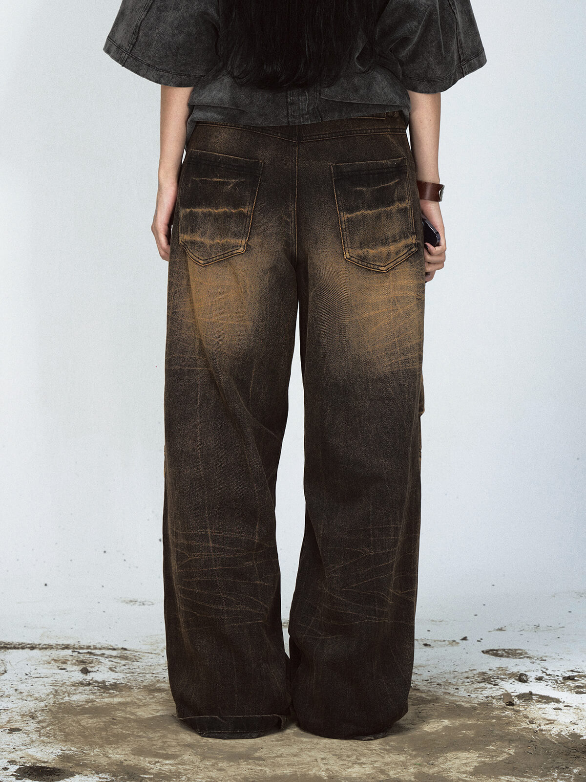 Peoplesense Mud-Dyed Lightning Cracked Wide-Leg Jeans