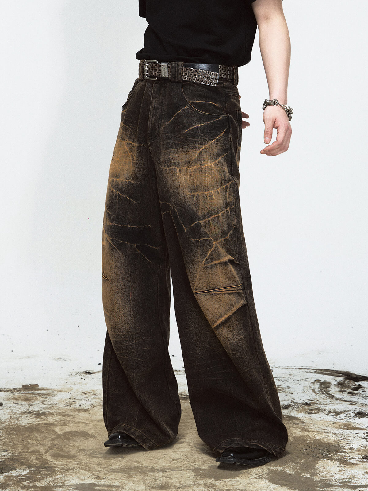 Peoplesense Mud-Dyed Lightning Cracked Wide-Leg Jeans