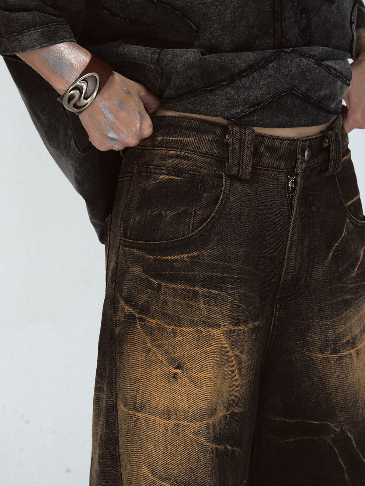 Peoplesense Mud-Dyed Lightning Cracked Wide-Leg Jeans