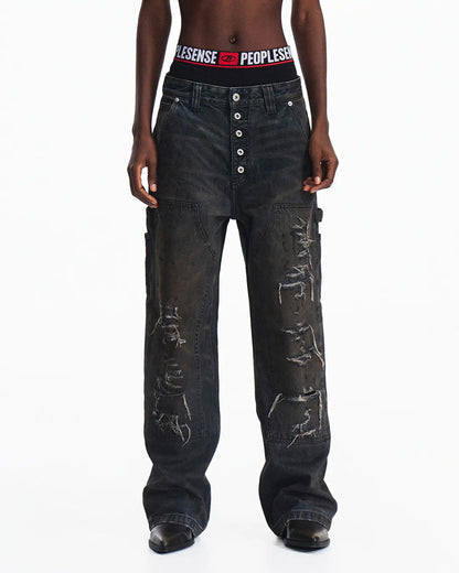 Peoplesense Irregular Hole Mud-Dye Jeans