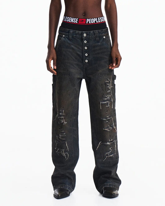Peoplesense Irregular Hole Mud-Dye Jeans