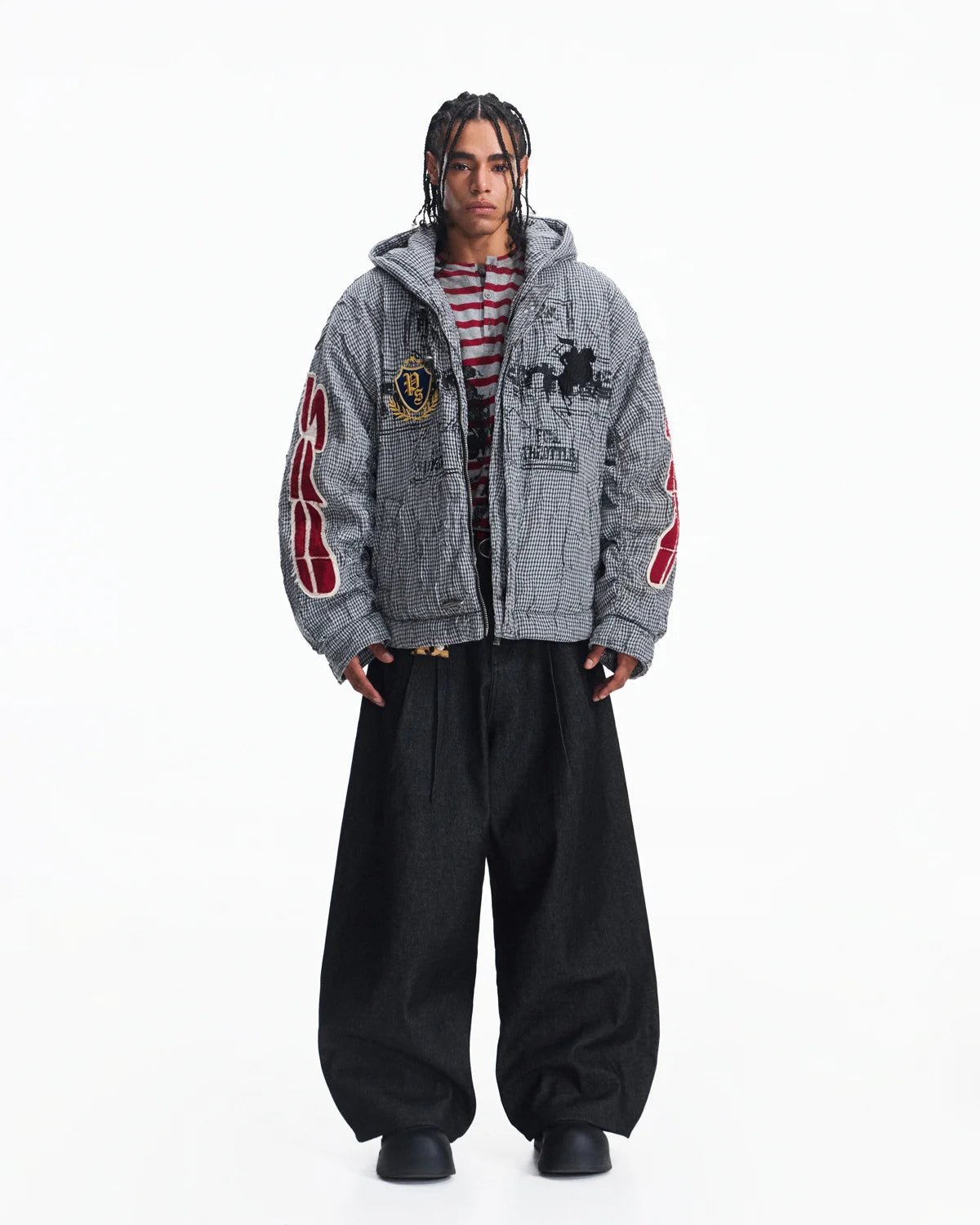 Peoplesense Hooded Plaid Texture Racer Jacket