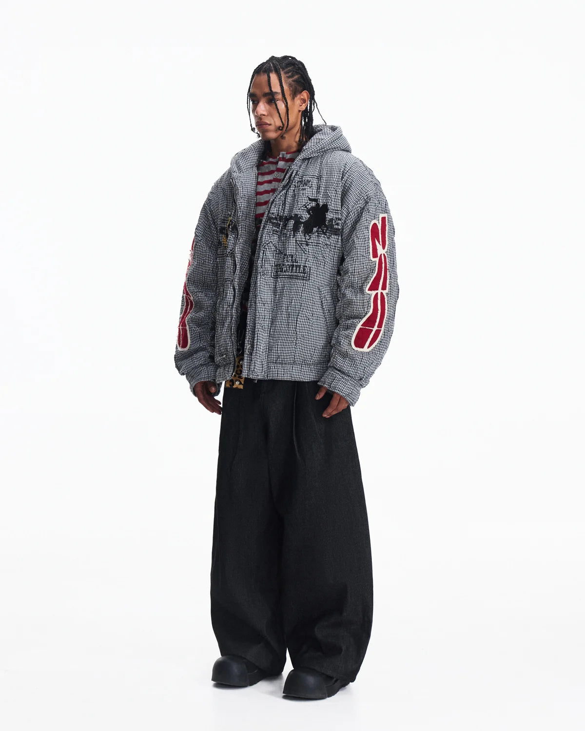 Peoplesense Hooded Plaid Texture Racer Jacket