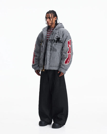 Peoplesense Hooded Plaid Texture Racer Jacket