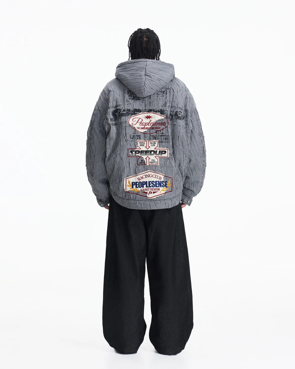 Peoplesense Hooded Plaid Texture Racer Jacket