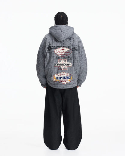 Peoplesense Hooded Plaid Texture Racer Jacket