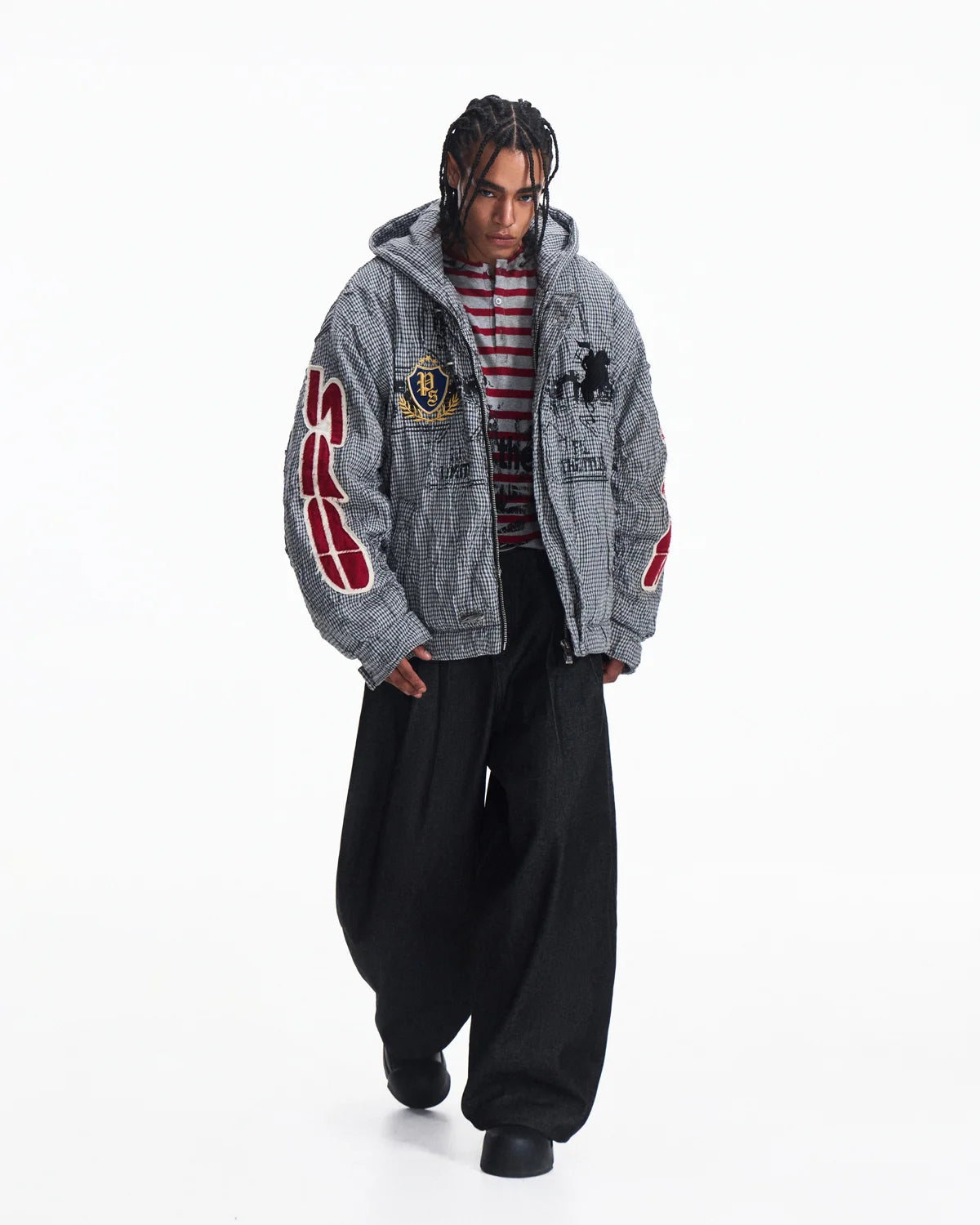 Peoplesense Hooded Plaid Texture Racer Jacket