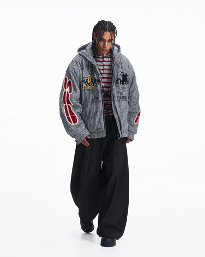 Peoplesense Hooded Plaid Texture Racer Jacket