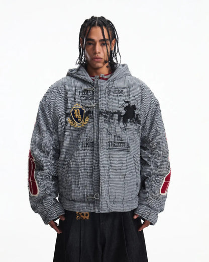 Peoplesense Hooded Plaid Texture Racer Jacket