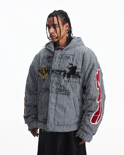 Peoplesense Hooded Plaid Texture Racer Jacket