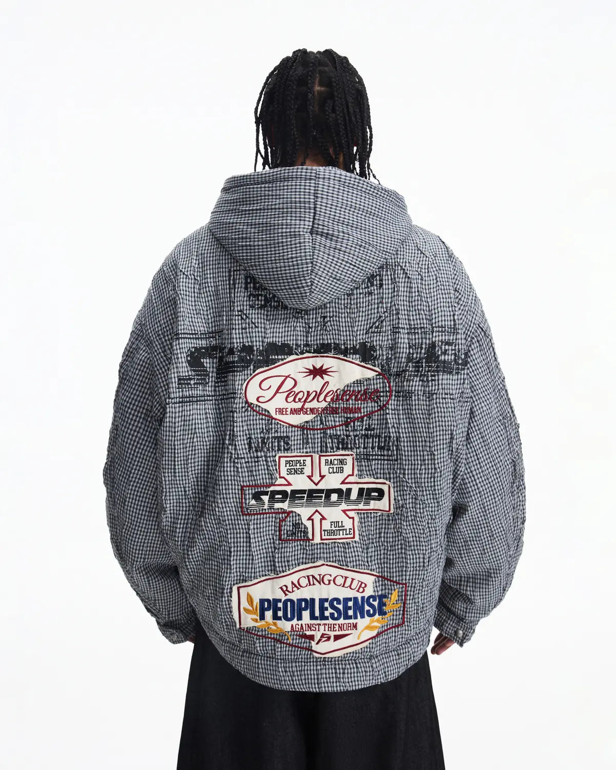 Peoplesense Hooded Plaid Texture Racer Jacket