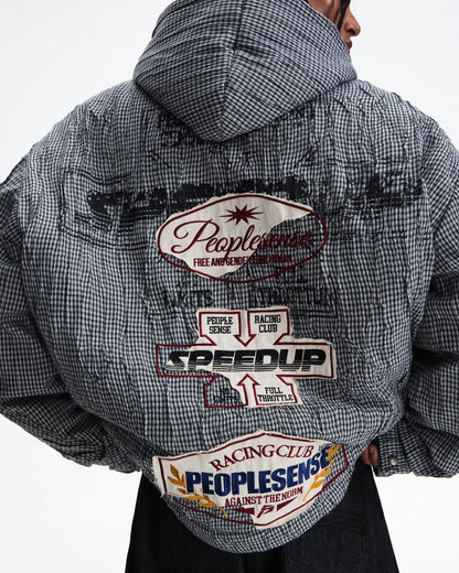 Peoplesense Hooded Plaid Texture Racer Jacket