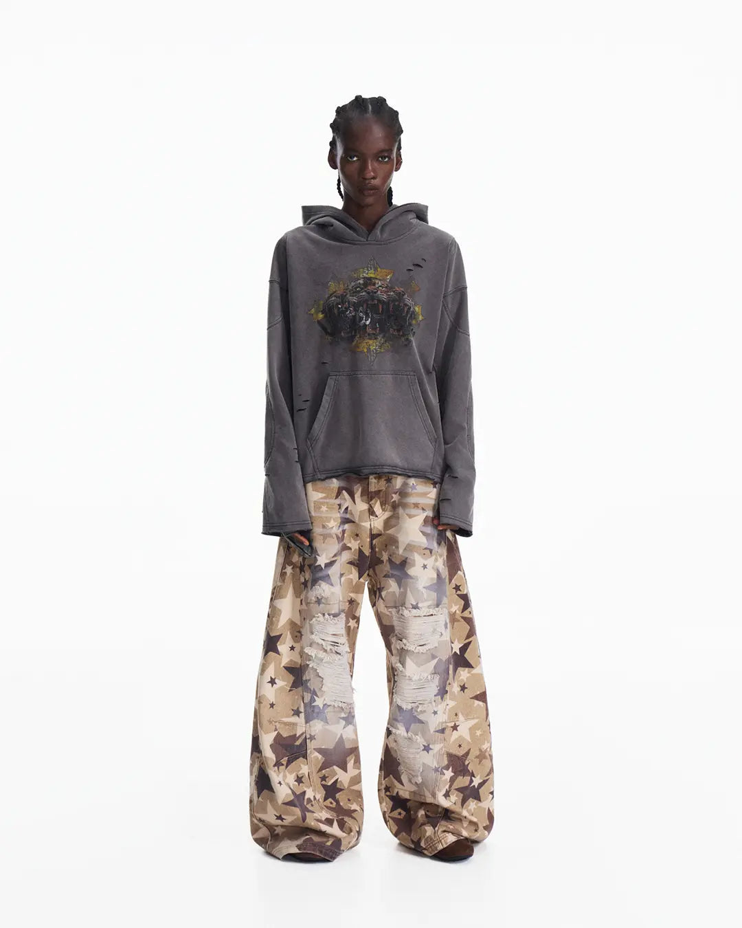 Peoplesense Tiger Print Distressed Hoodie