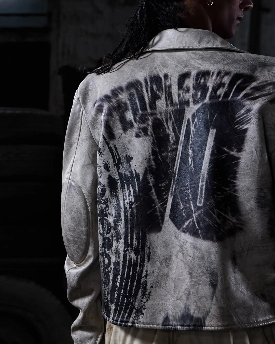 Peoplesense Short Printed Biker Leather Jacket