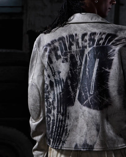 Peoplesense Short Printed Biker Leather Jacket