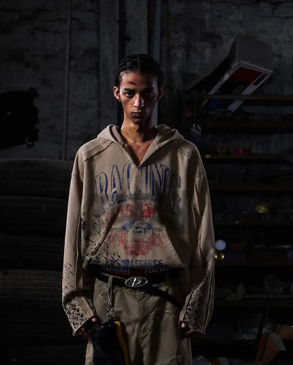 Peoplesense Distressed Vintage Racing Print Hoodie