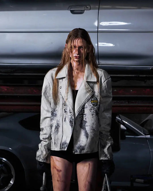 Peoplesense Short Printed Biker Leather Jacket